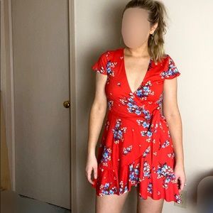 Red Floral Mini Wrap Dress - X-Small